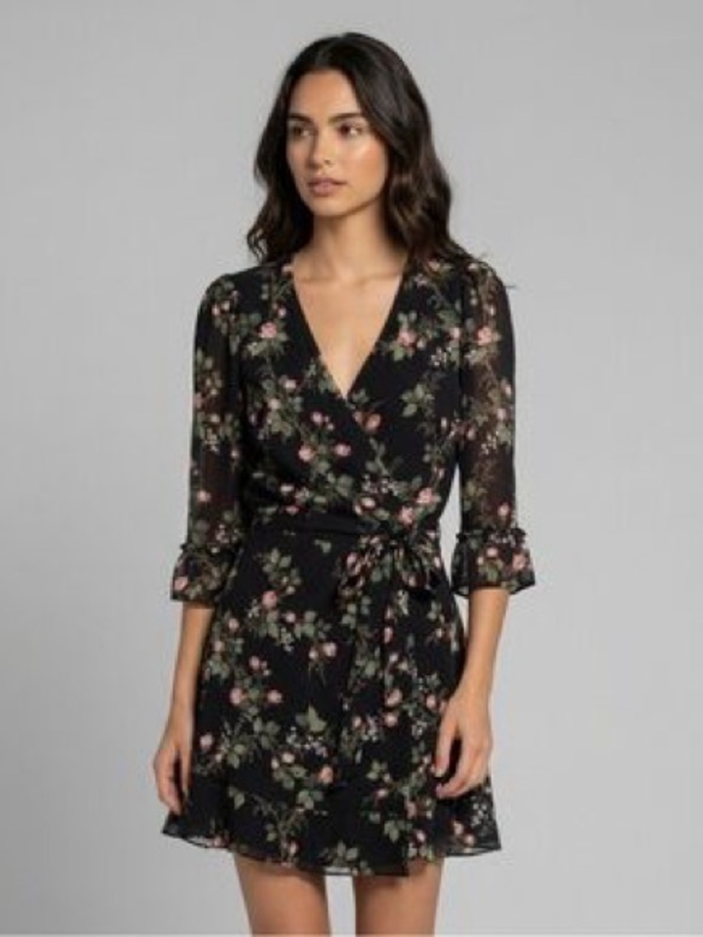 Reformation Black Mini Wrap Dress with Pink Floral Print